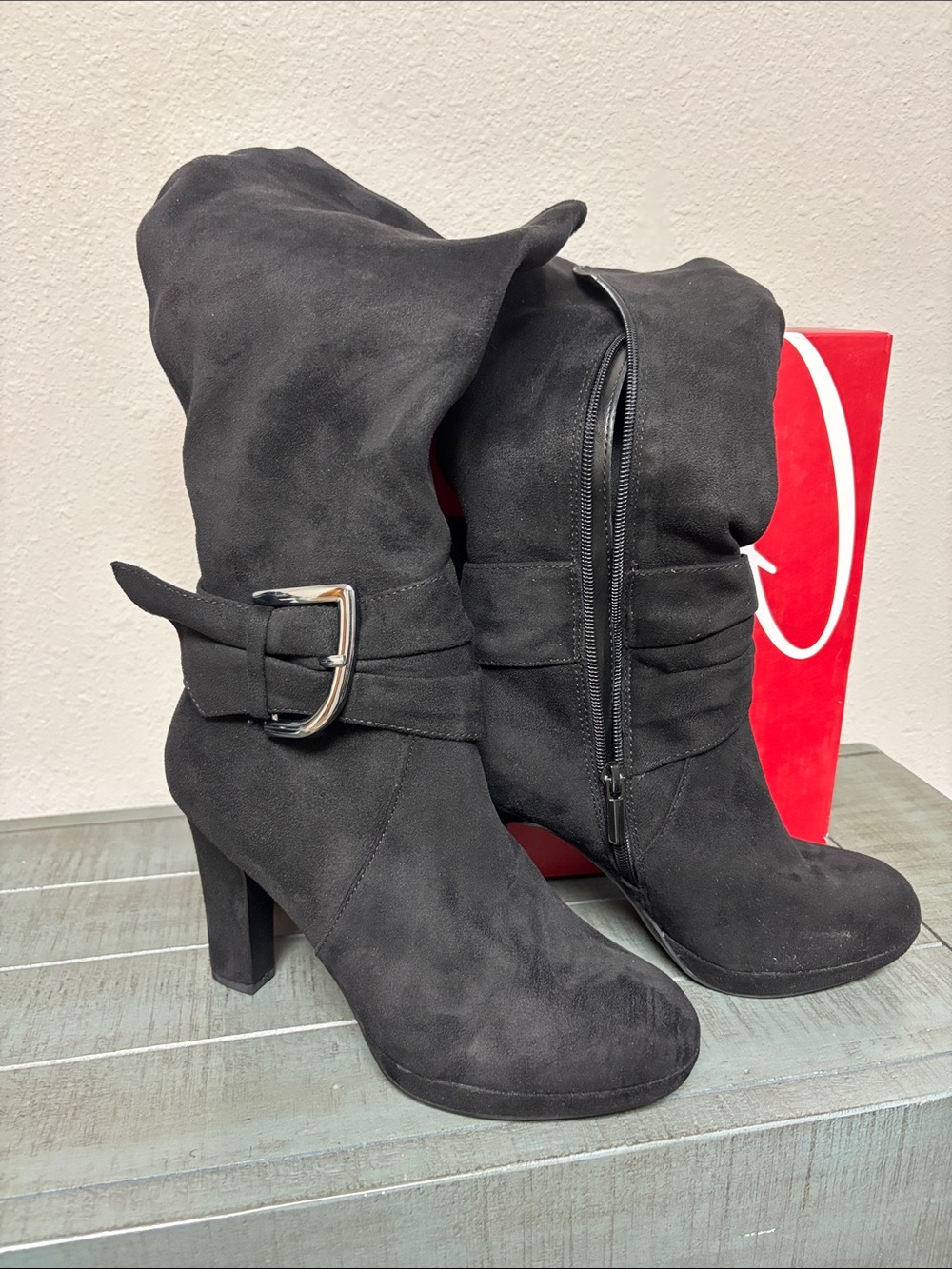 Impo Black Suede Mid-Calf Buckle Heeled Boots